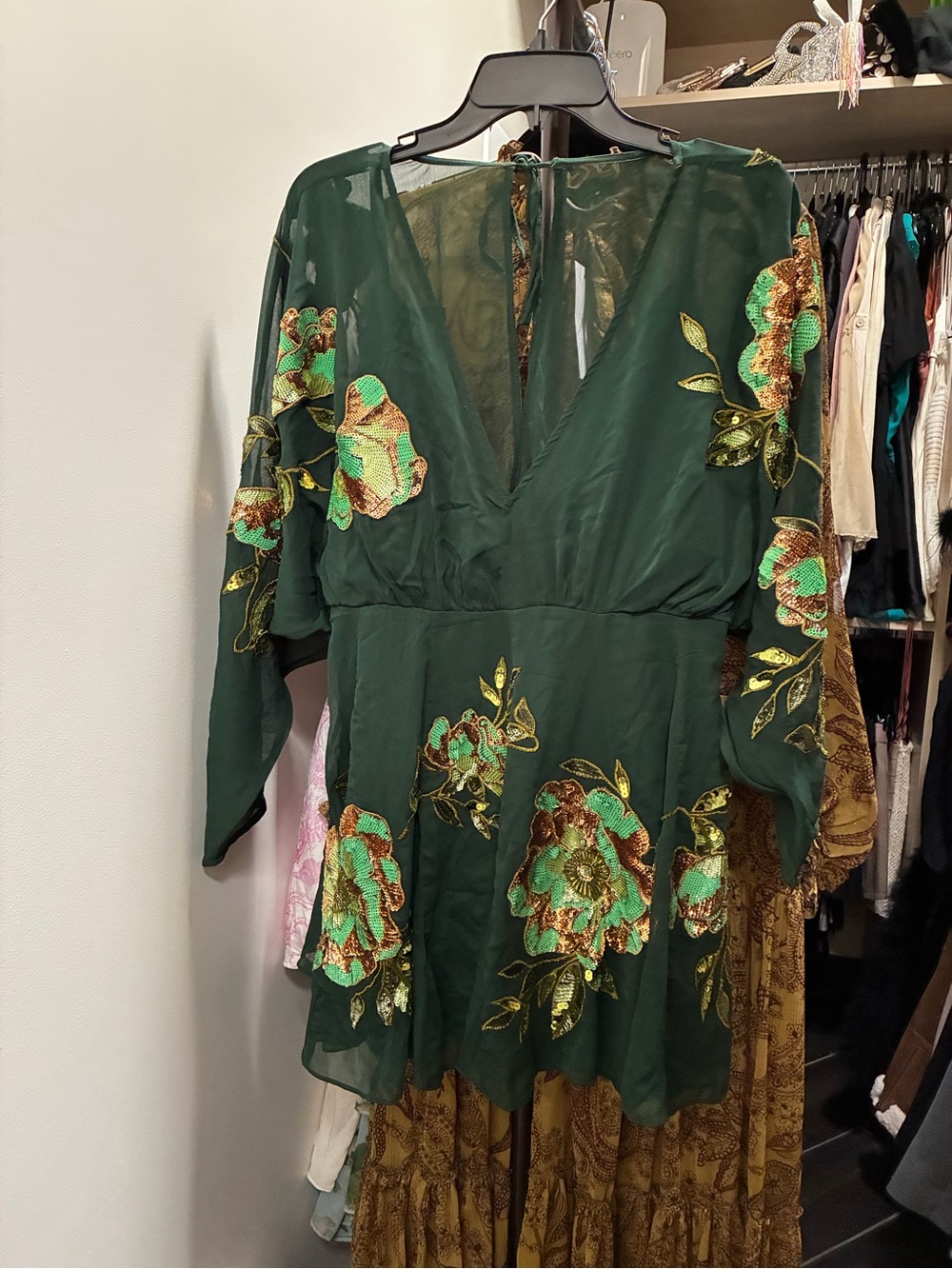 ASOS Dark Green Mini Dress with Gold & Mint Floral Embroidery